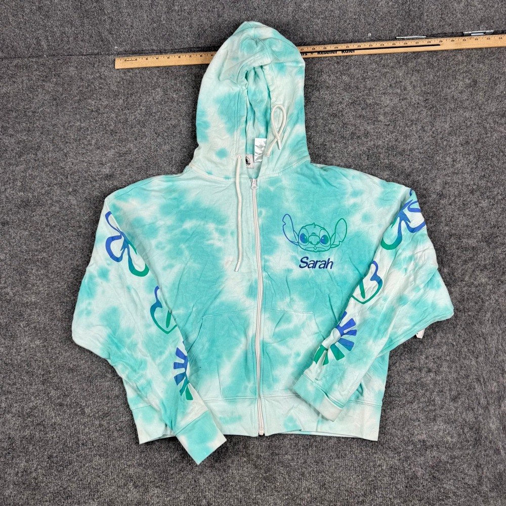 Disney Hoodie Womens Size L Teal Tie Dye Stitch Graphic Zip Up Sweatshirt Sarah